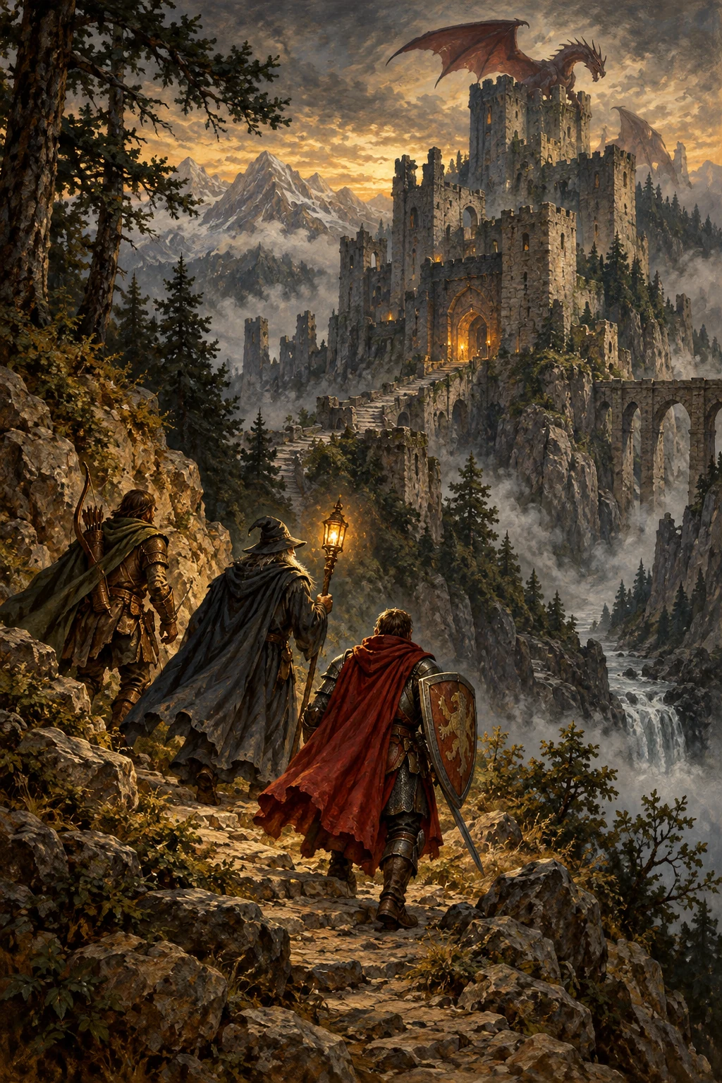 A painted fantasy scene of an adventuring party approaching a ruined mountain keep watched over by a dragon.